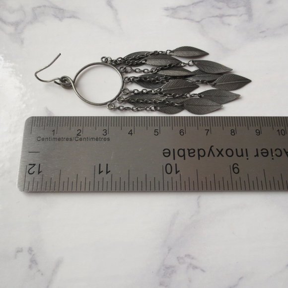 Dark Silver Tone Long Bohemian Hoop Circle Statement Leaf Drop Earrings - Picture 4 of 5